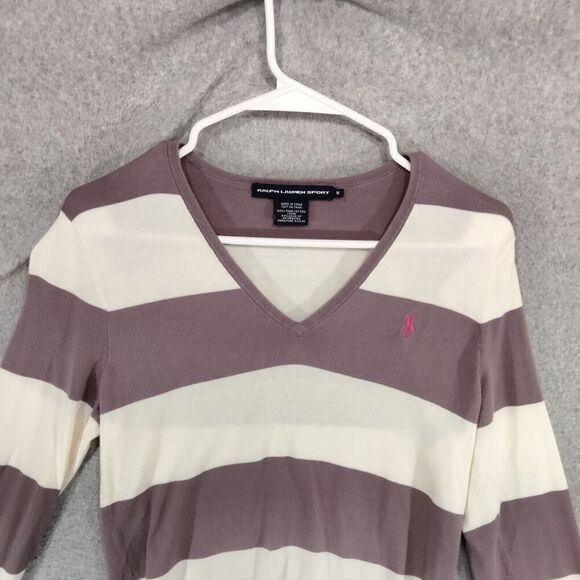Ralph Lauren Sport Pullover Sweater Womens Size M Lavender White Striped V-Neck - Picture 2 of 11